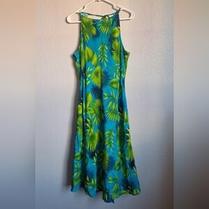 Spenser Jeremy 100% Silk Blue Green Tropical Print Midi Dress Size 10 Vacation